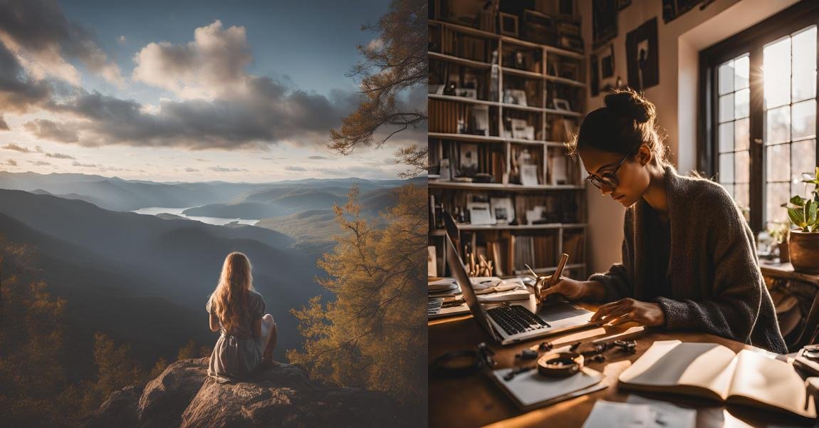 Woman enjoying mountain view and man focused in a creative workspace
