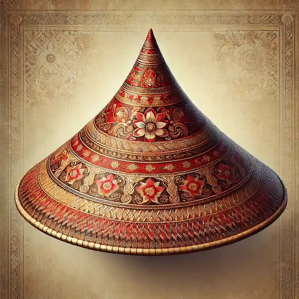Traditional Assamese Jaapi hat with intricate patterns
