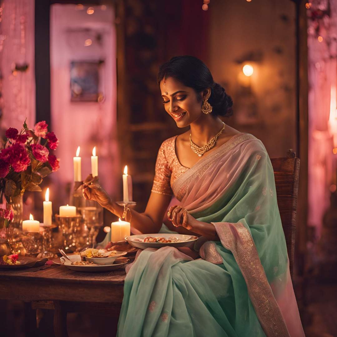 Woman in pastel saree enjoying a candlelit dinner on Valentine's Day