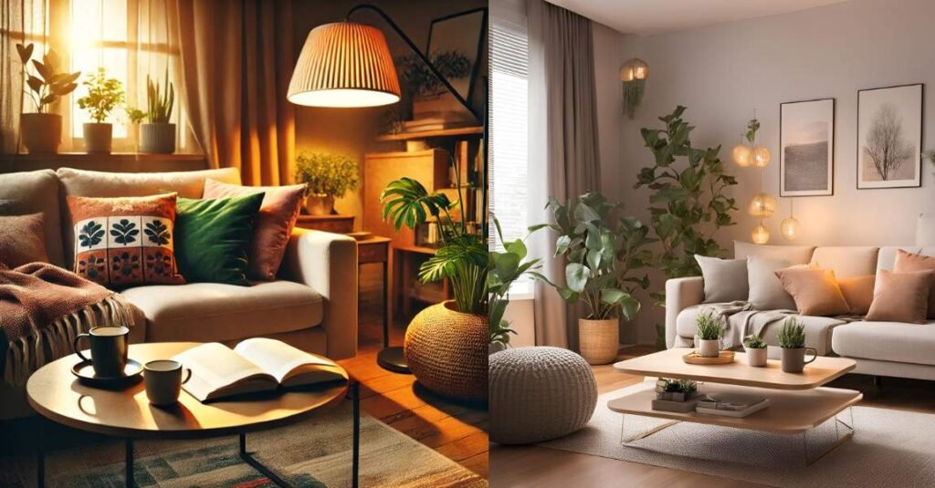 Cozy living room showcasing the charm of adore happy homes with warm lighting and inviting decor.