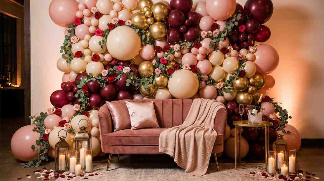 Valentine balloon backdrop wall with romantic styling