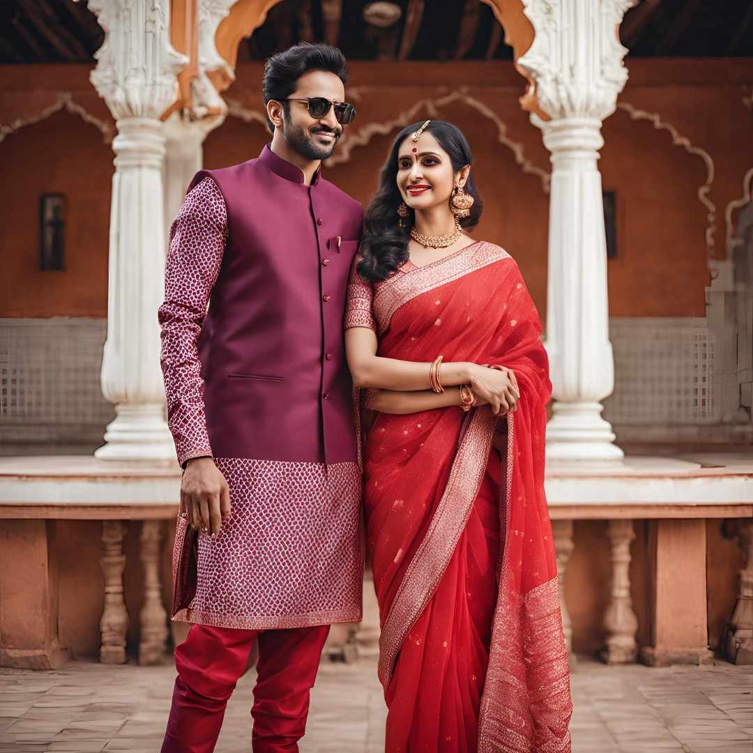 Smiling Indian couple in red ethnic wear at a traditional palace setting