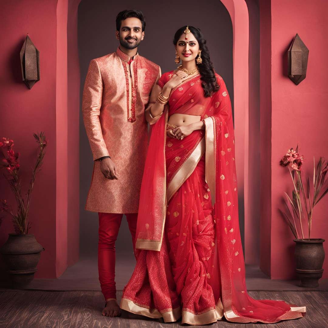 Indian couple in coordinated red traditional outfits for Valentine’s Day