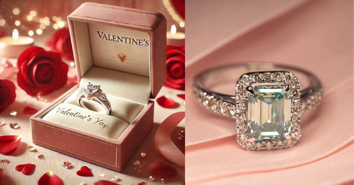 Close-up of a diamond engagement ring in a Valentine's box