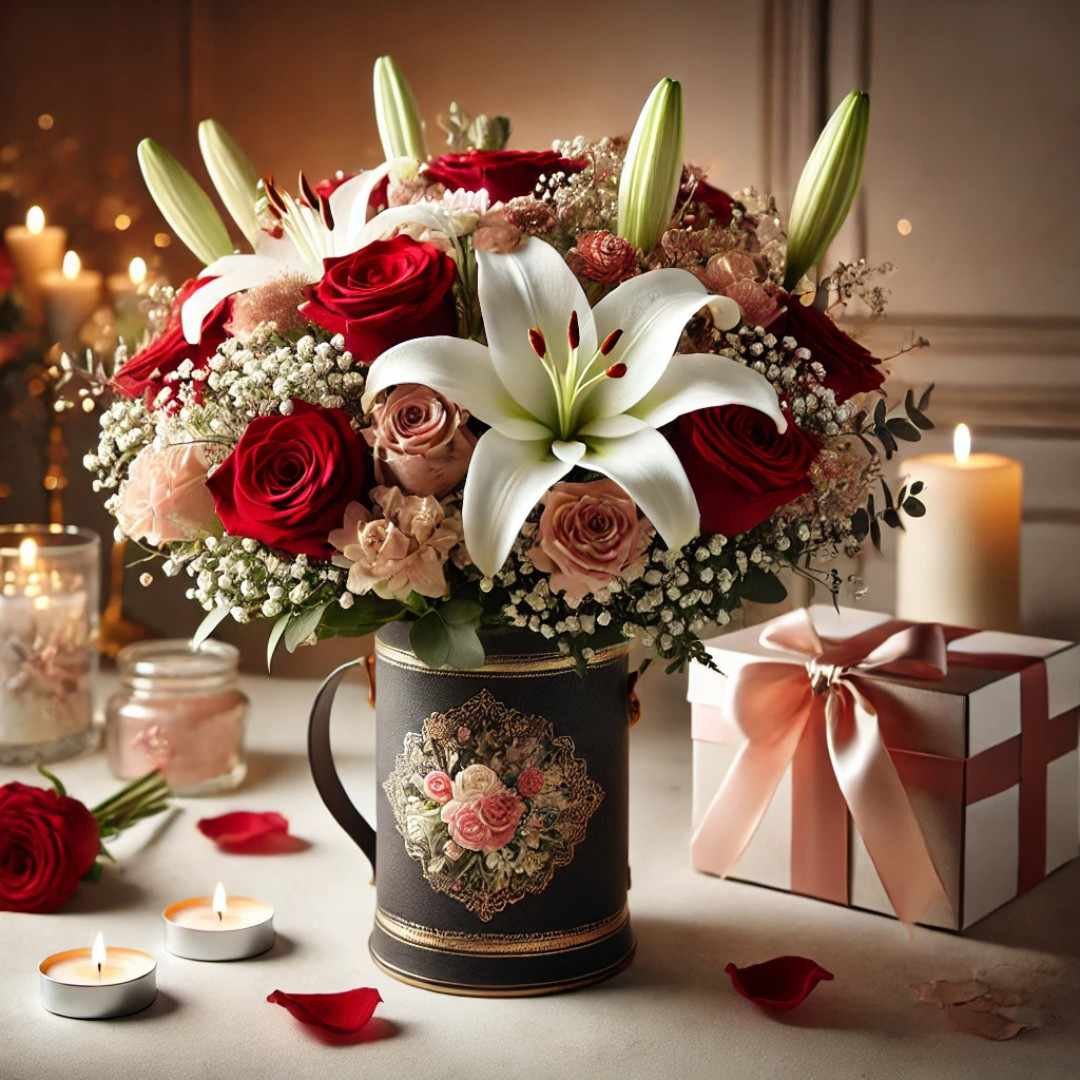 Elegant Valentine’s Day bouquet with roses and lilies beside gift box and candles