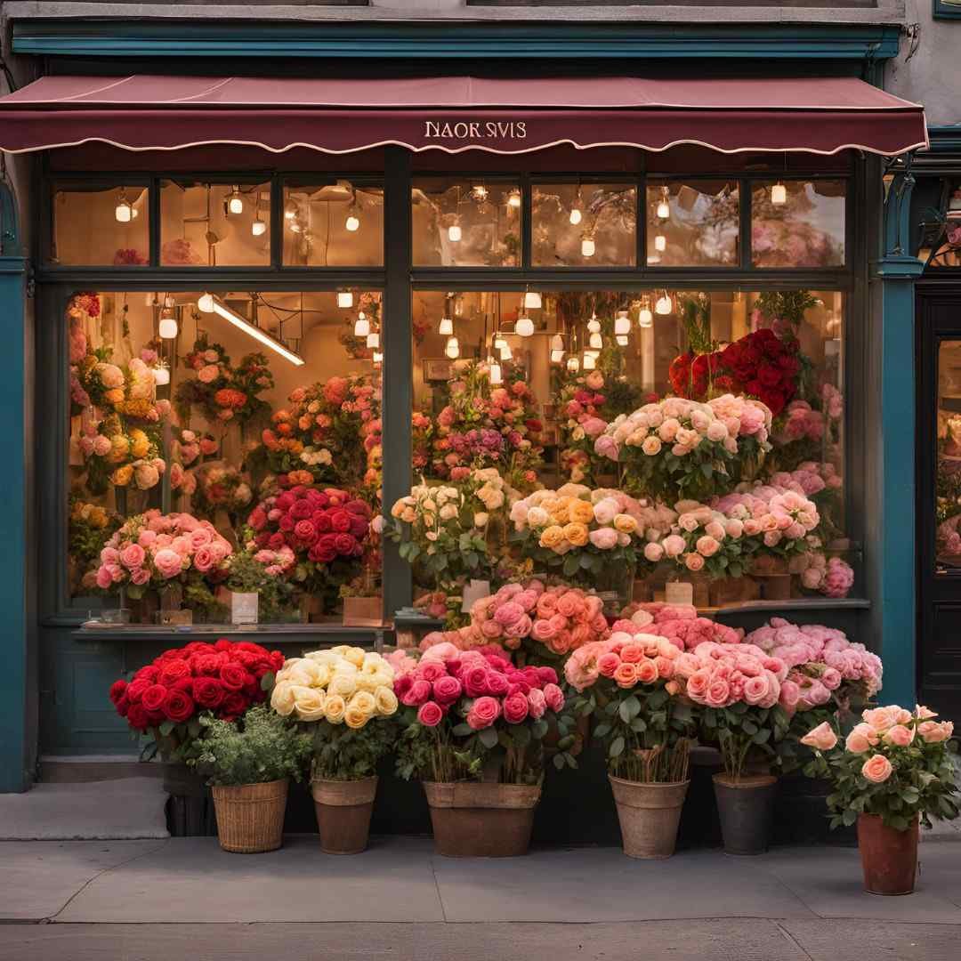 Romantic flower shop with colorful bouquets on display