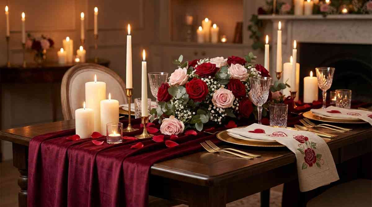 Romantic Valentine table decor with candles and embroidery details