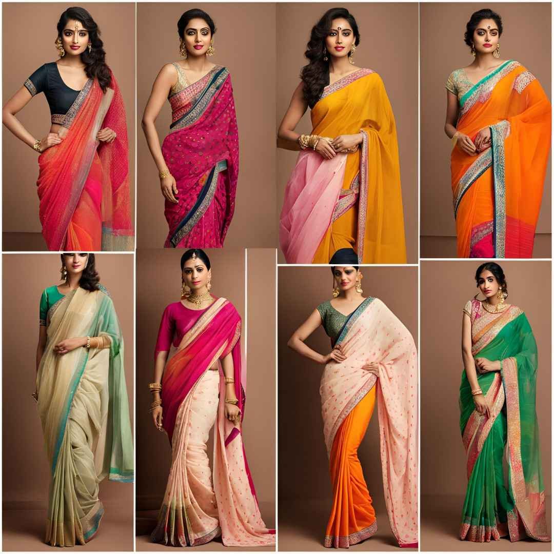 Women modeling colorful sarees in various Valentine-themed hues