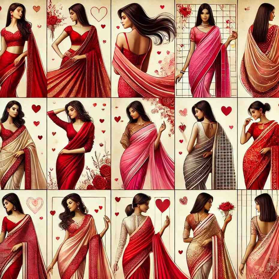 Illustrated women in Valentine-themed sarees in various romantic poses