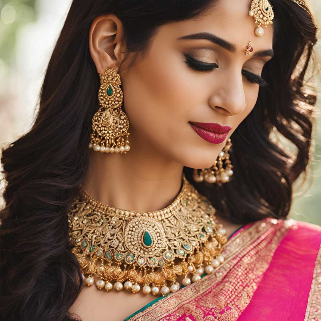Woman wearing traditional Indian gold jewelry and pink saree