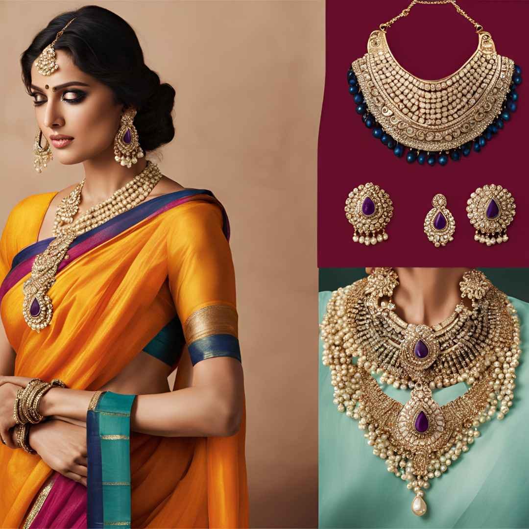 Woman in traditional South Indian saree with antique gold jewelry set