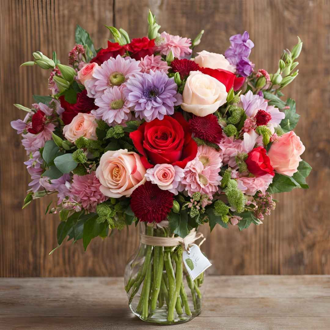 Romantic Valentine’s Day bouquet in a glass vase with mixed flowers