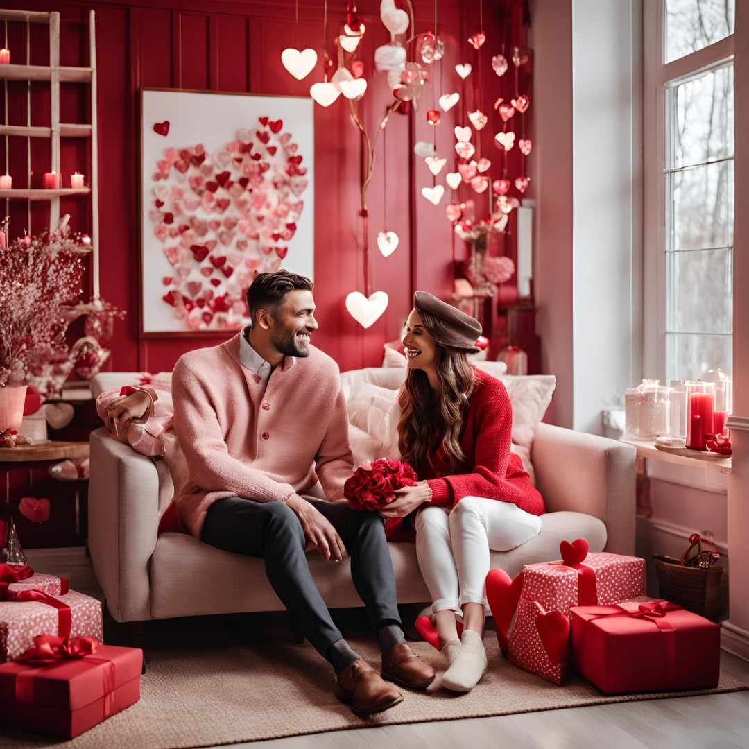 Happy couple sitting in a Valentine’s themed room with heart decorations