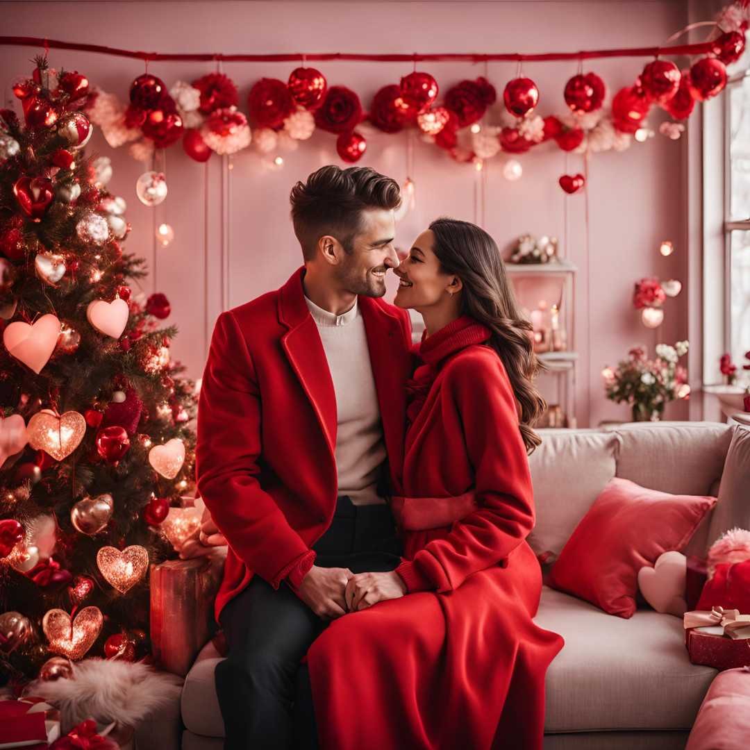 Romantic couple in red outfits sitting near a Valentine’s tree