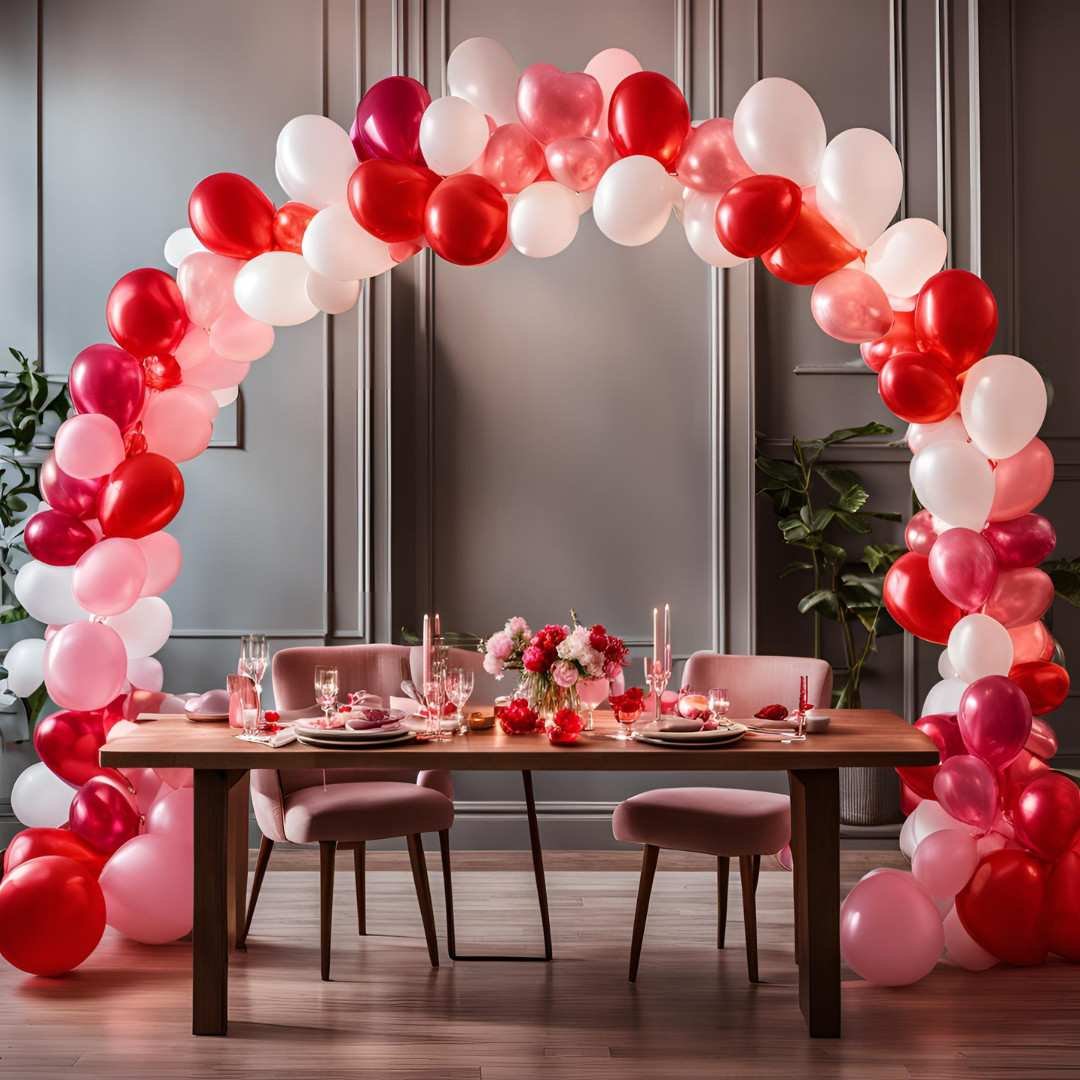 Valentine’s Day dining table with red and pink balloon arch