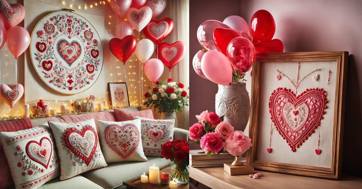 Romantic room decorated with heart balloons, roses, and Valentine-themed pillows