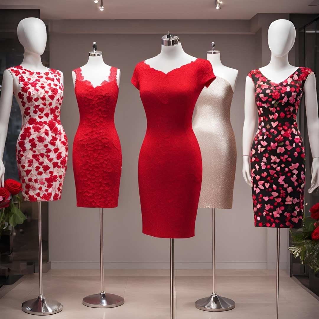 Five mannequins dressed in red and floral bodycon dresses in a boutique display.