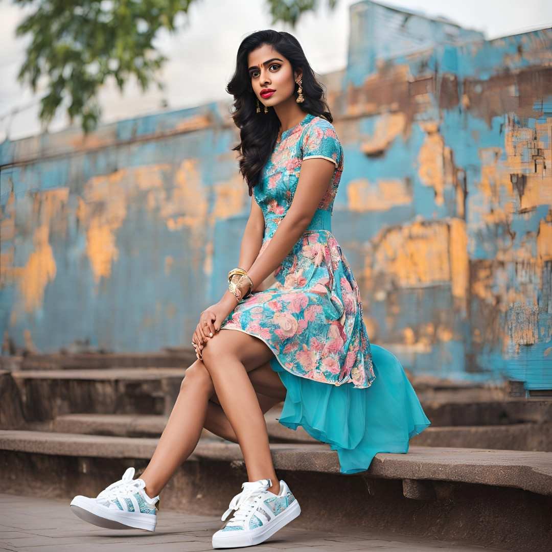 Teen girl in a floral casual dress and sneakers posing outdoors.