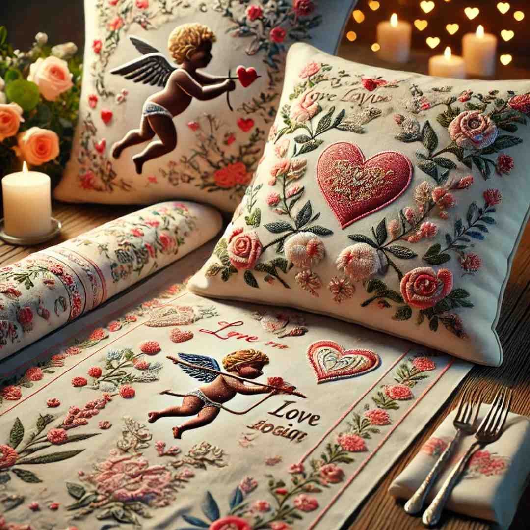 Embroidered Valentine’s Day pillows and table runner with cherubs and hearts