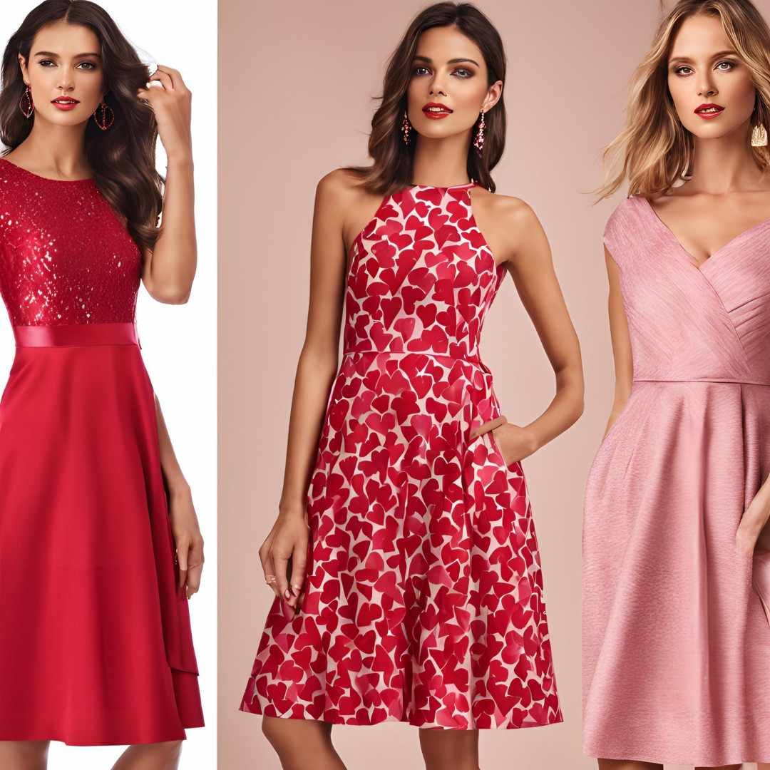 Three women in red and pink cocktail dresses for Valentine’s Day.