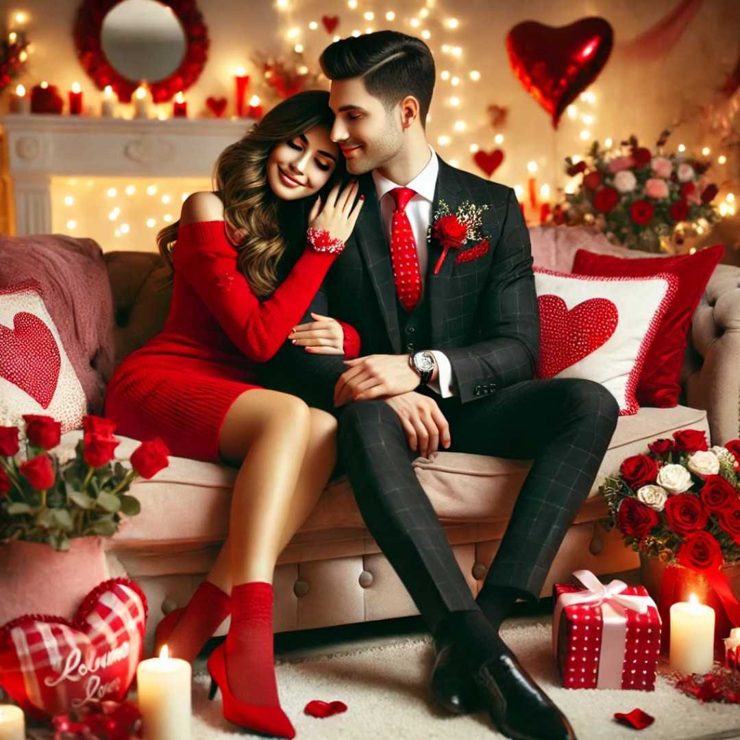 Couple sitting on a couch surrounded by Valentine’s Day decorations