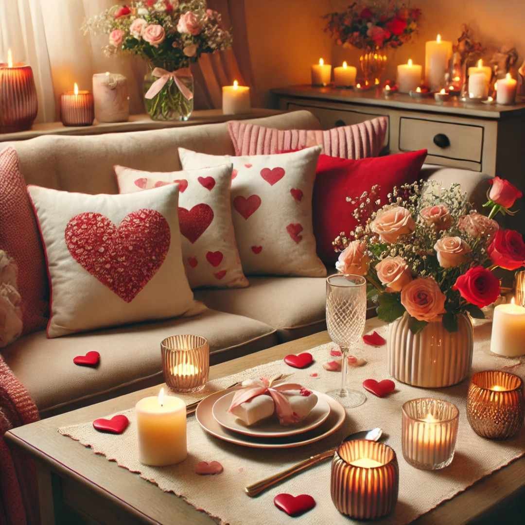 Valentine’s Day dinner table with candles and heart pillows