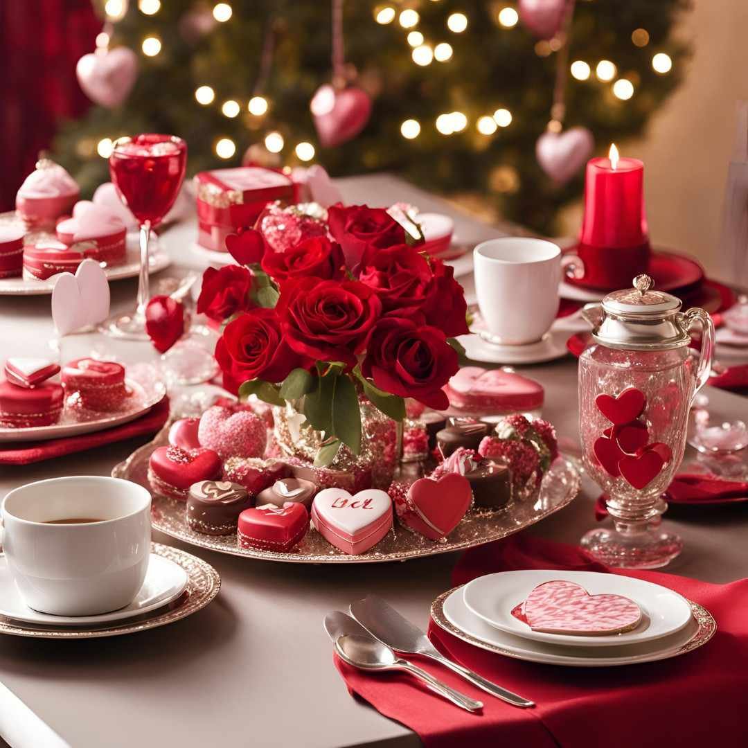 Valentine’s Day dessert table with heart cookies, roses, and candles