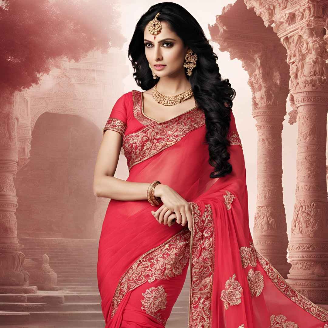 Woman wearing a stunning red saree perfect for Valentine’s Day.