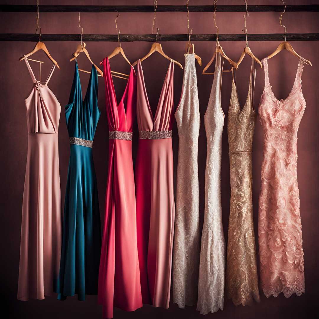 A collection of seven elegant Valentine’s Day dresses in various colors and styles hanging on wooden hangers.