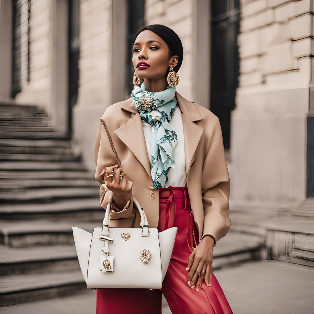 Stylish woman with a white handbag and red trousers in a chic Valentine’s Day look