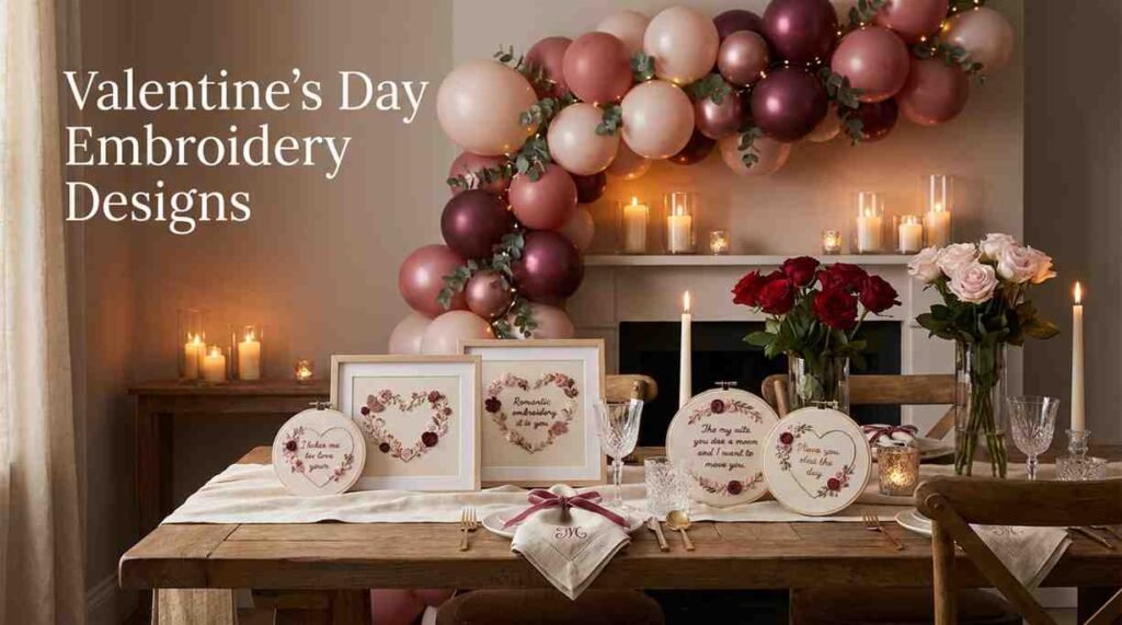 Valentine’s day embroidery designs with romantic home decor styling