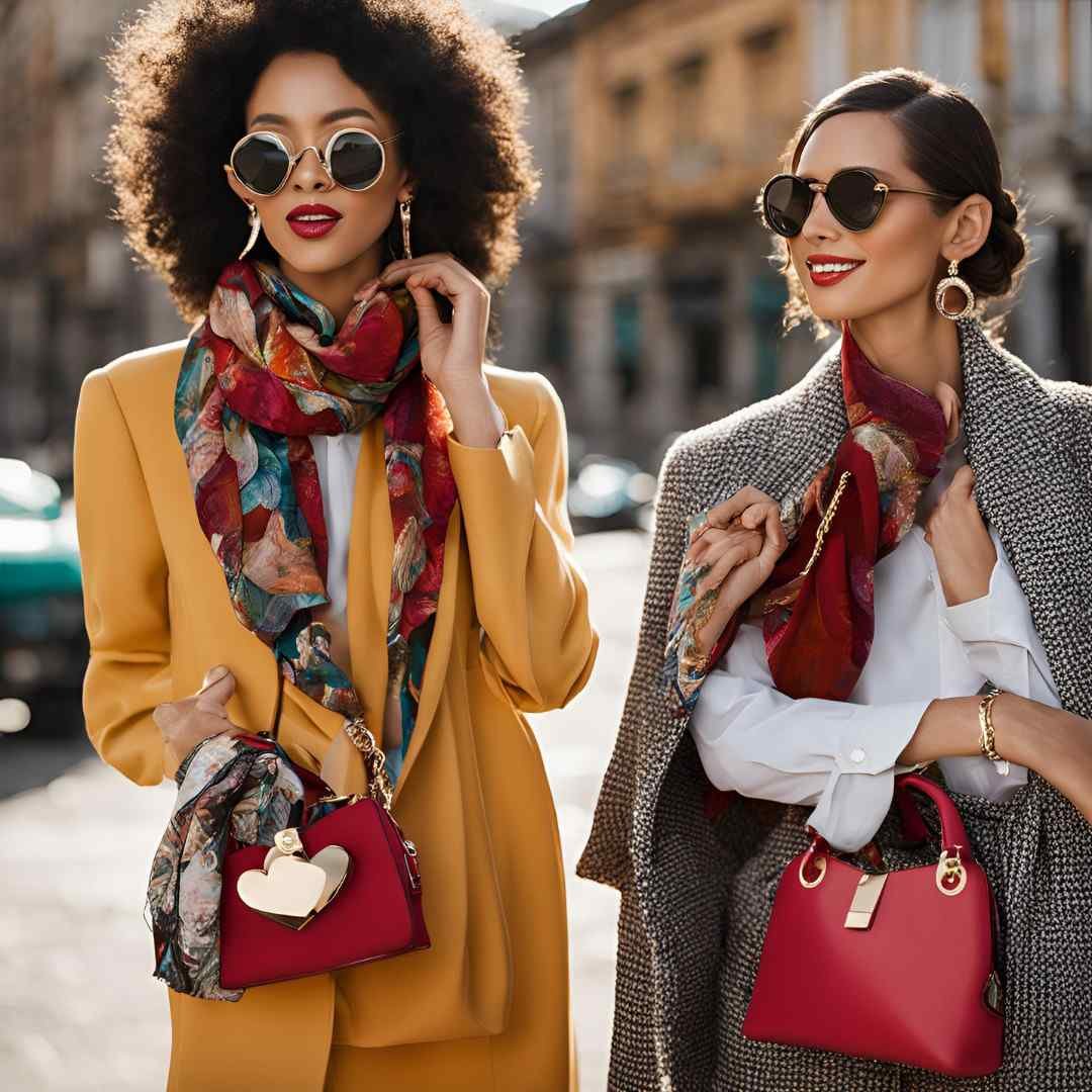 Stylish women with red handbags and scarves for Valentine’s Day fashion gifting