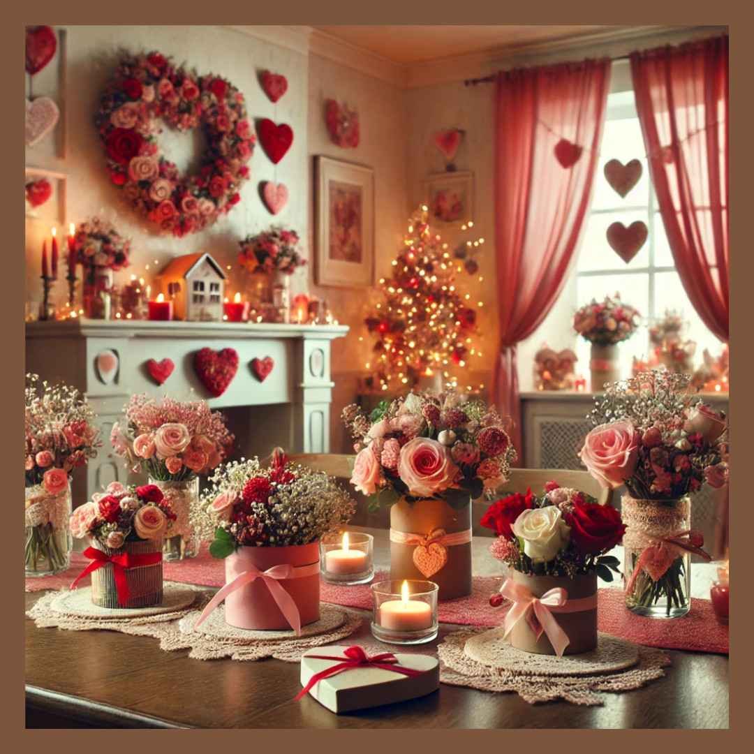Valentine’s Day floral room decor with candles and heart accents