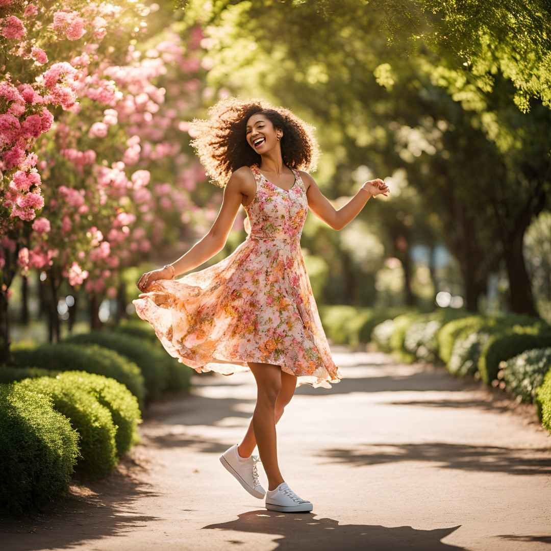 Woman in a floral dress twirling joyfully in a sunny, flower-lined park.