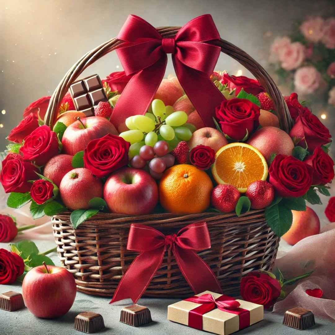 Romantic Valentine’s Day fruit and chocolate gift basket with red roses and ribbon