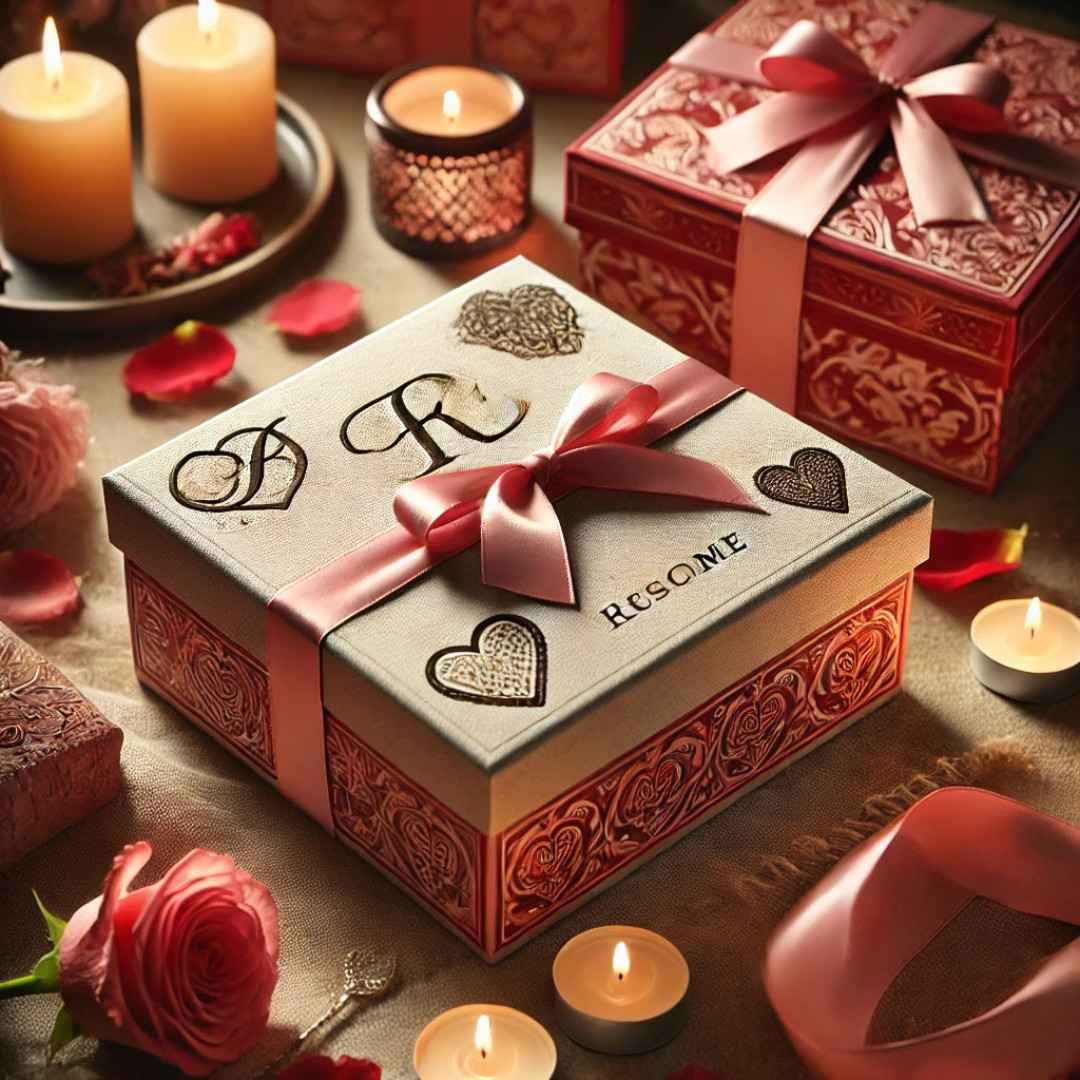 Elegant Valentine's Day gift box with candles and roses.
