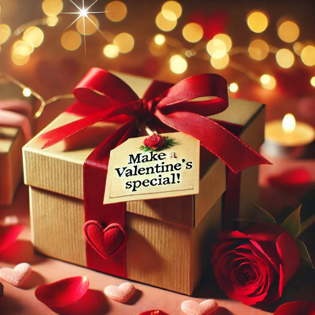 Valentine’s Day gift box with red ribbon and “Make a Valentine’s special” tag