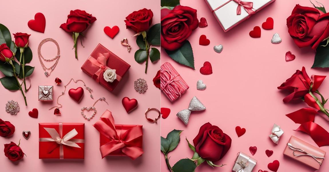 Valentine’s Day flat lay with red roses, heart-shaped decorations, and pink gift boxes
