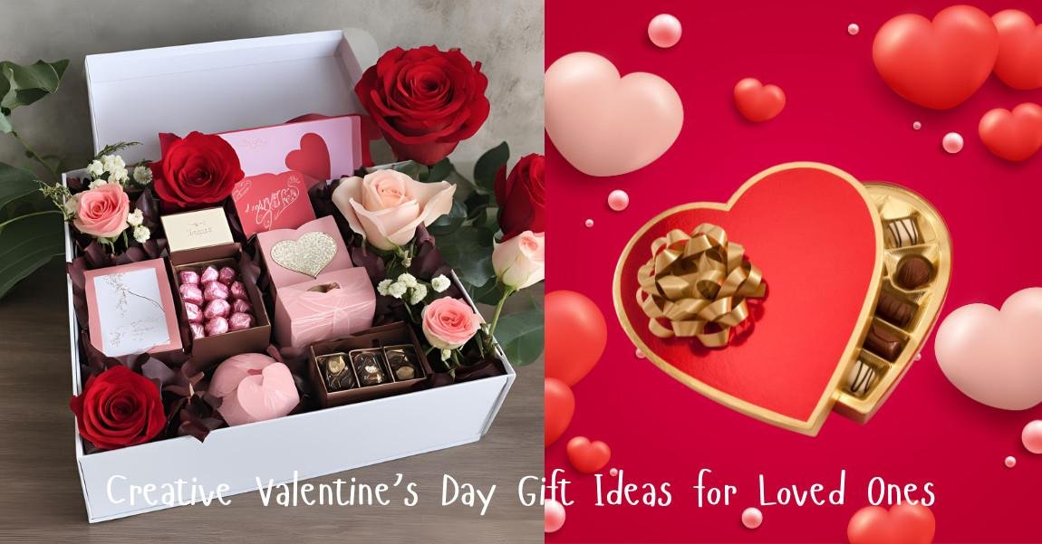 Valentine’s Day gift box with roses and chocolates beside a heart-themed backdrop.