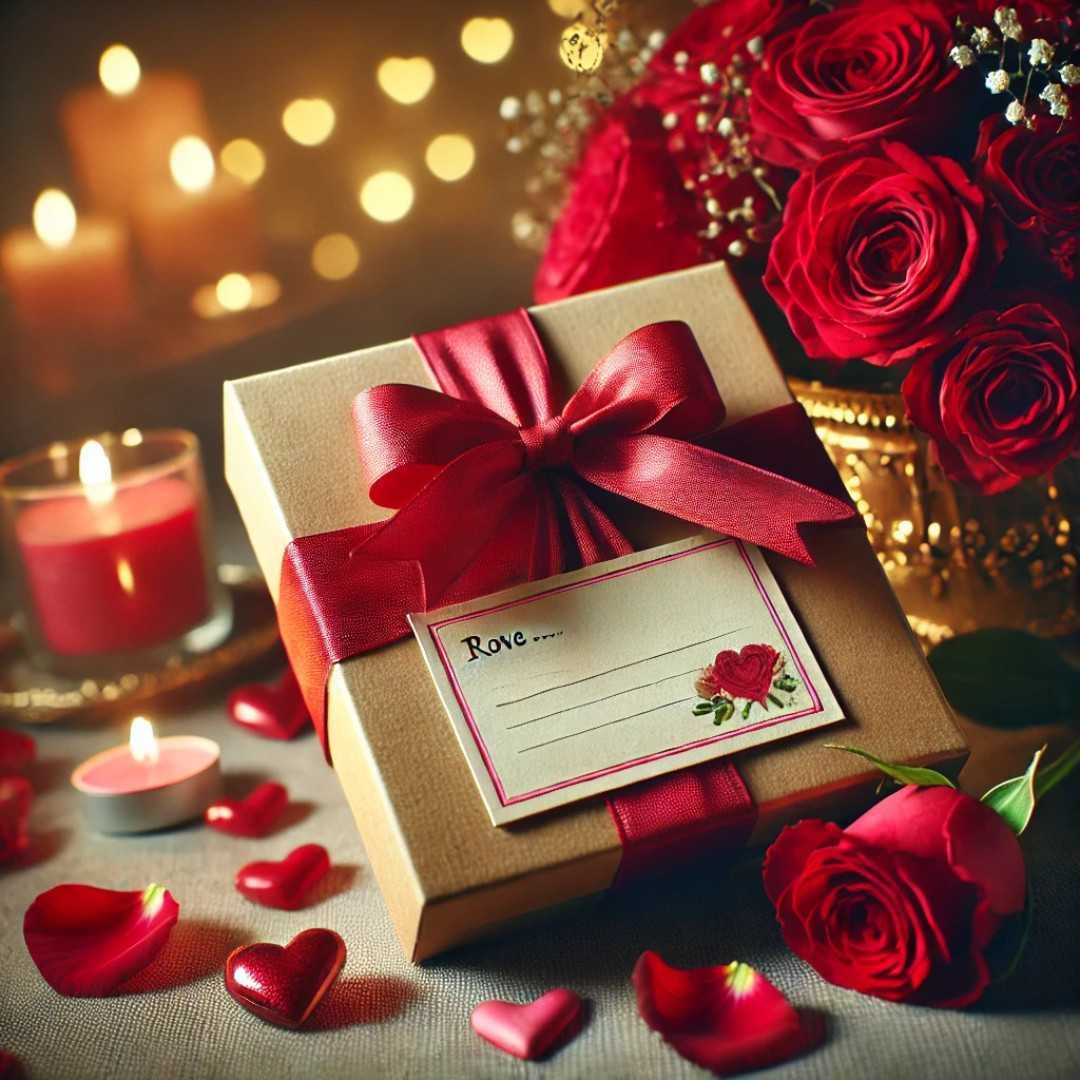 Valentine’s gift box with red ribbon, roses, and candles