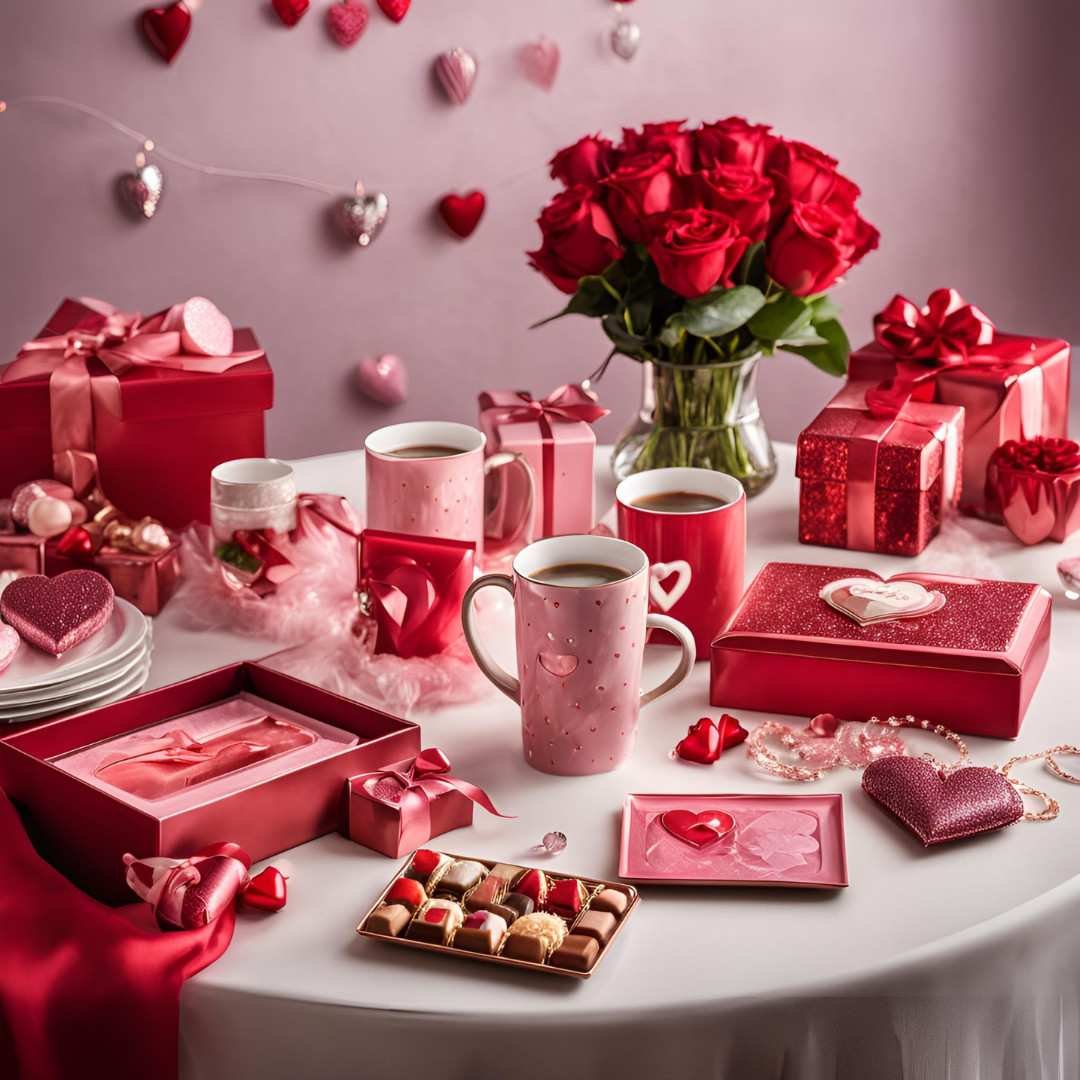 Table decorated with Valentine’s Day gifts, chocolates, roses, and mugs