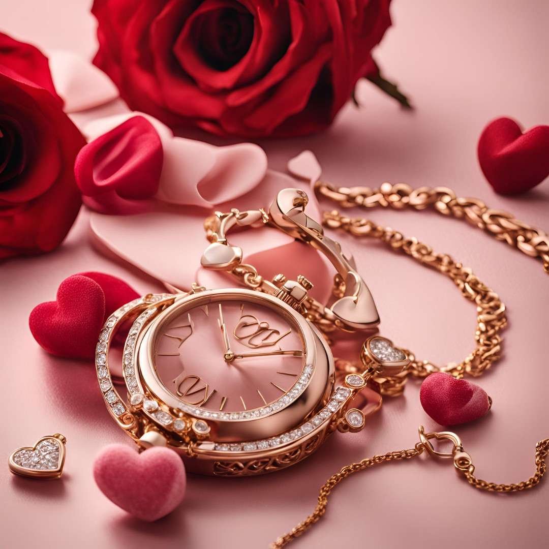 Elegant Valentine’s Day watch gift with roses and heart decorations
