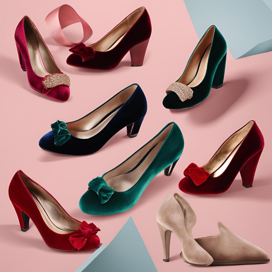 Assorted women’s high heels in red, pink, green, and black with Valentine’s Day accents