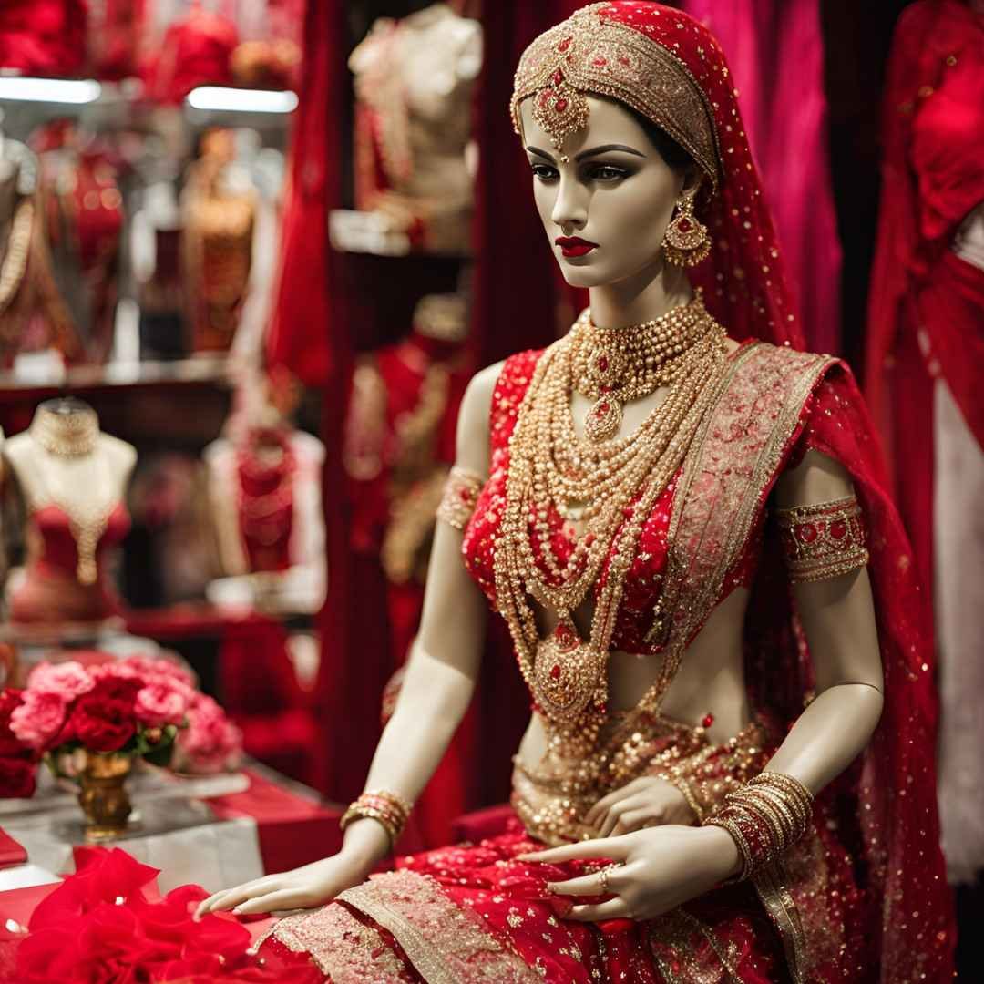 Valentine’s Day Indian bridal lehenga display in red and gold