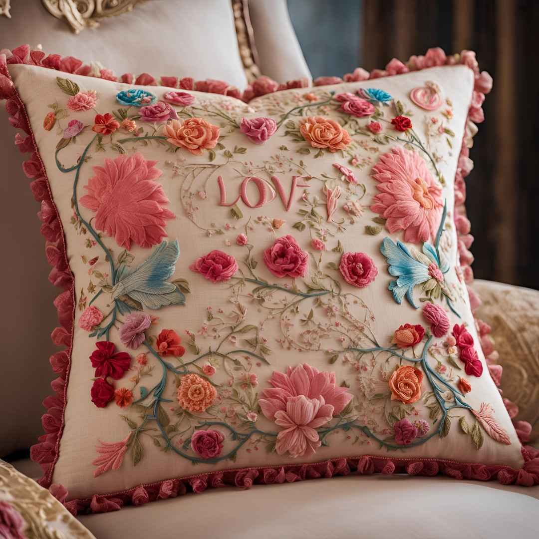 Embroidered cushion with floral patterns and the word “LOVE”