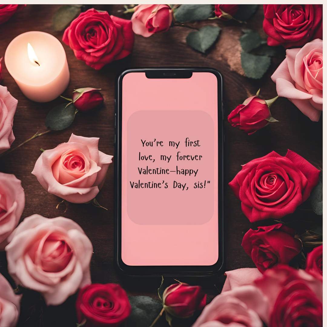 Romantic Valentine's Day message on smartphone surrounded by roses and a candle