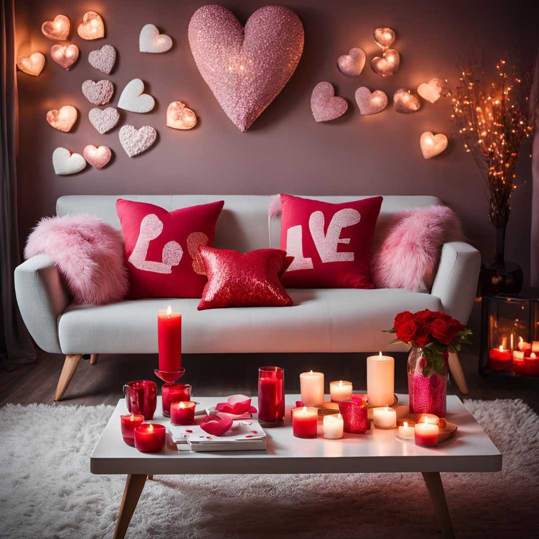 Valentine's Day living room with heart wall art and red candles
