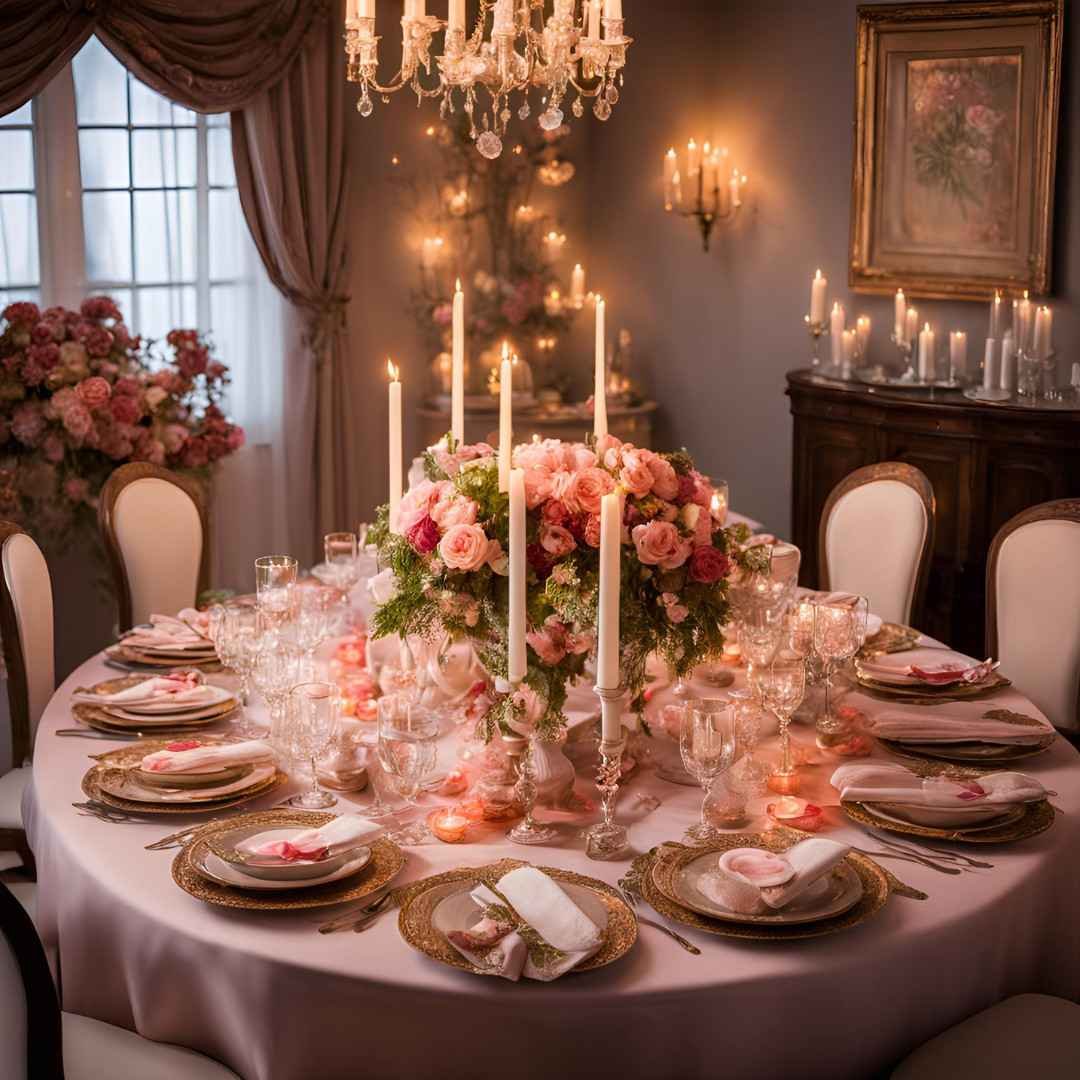 Elegant round Valentine’s Day dining setup with floral centerpiece and candles