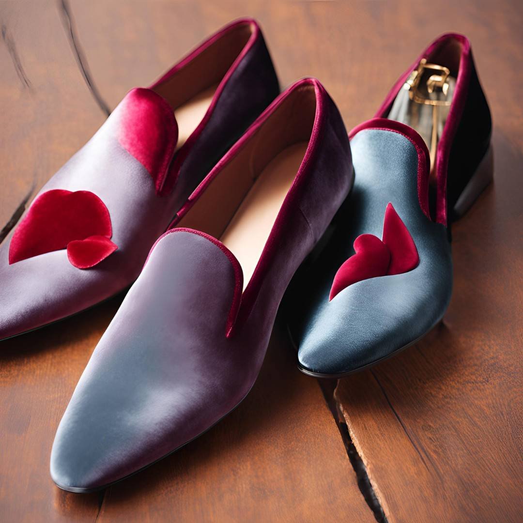 Stylish men’s loafers in burgundy and navy with red heart-shaped accents