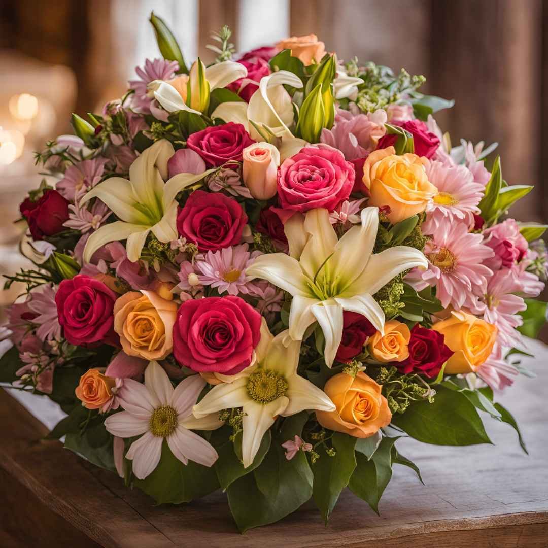 Colorful mixed flower bouquet with roses, lilies, and daisies